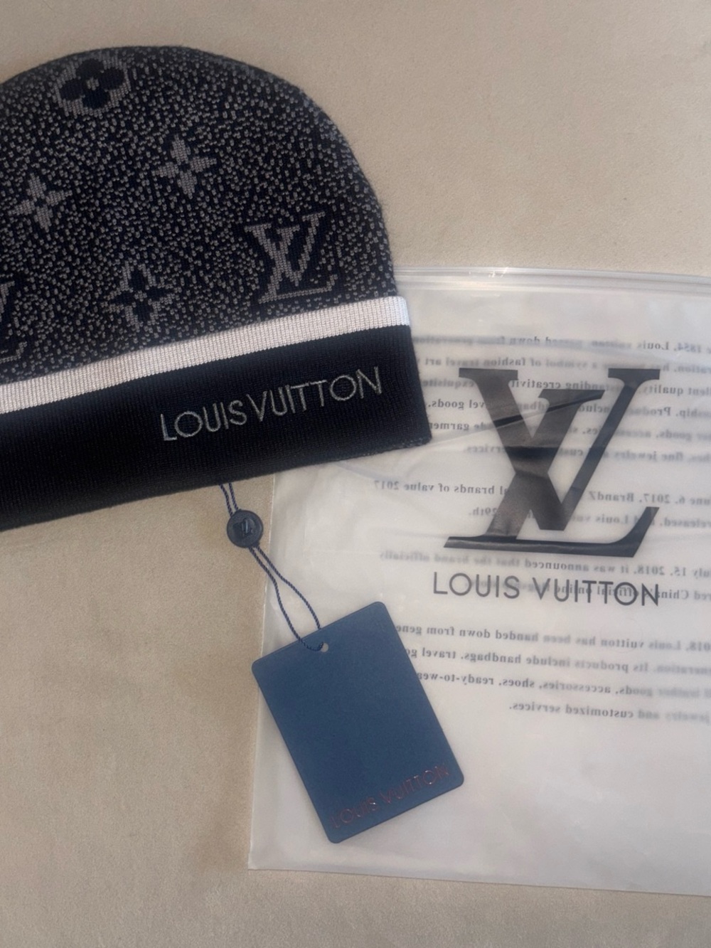 Louis Vuitton Black & White Monogram Beanie Hat
